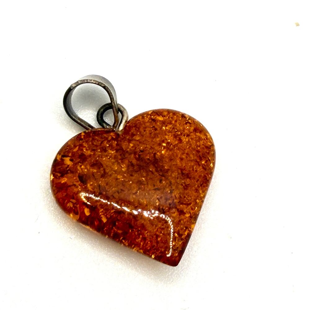 Vintage 90s Stamped Honey Baltic Amber Sterling Silver Heart Pendant